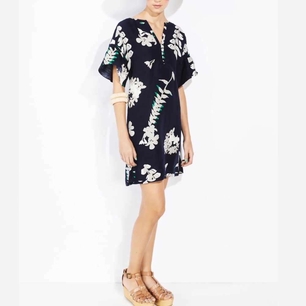 Anthropologie WHIT Silk/Linen Temple Dress in Botanical Print Navy Blue Size L